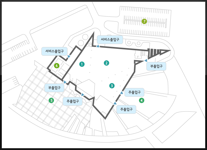 12시방향 서비스출입구, 2시방향 부출입구, 4시방향 주출입구, 5시방향 주출입구, 7시방향 주출입구, 8시방향 부출입구, 10시방향 서비스출입구